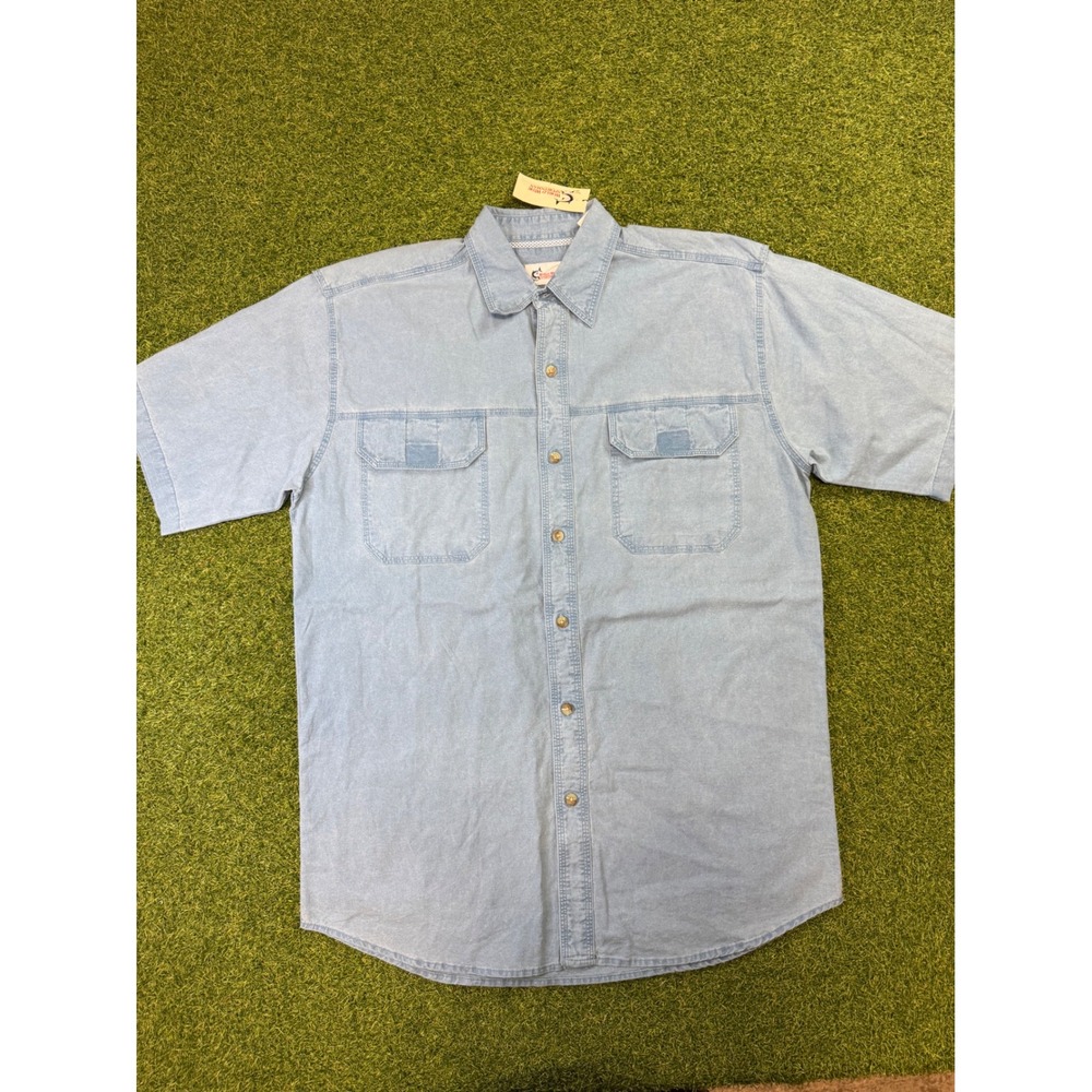 Mens Blue Short Sleeve Button Down Utility Fishing‎ Shirt Light Wash Large